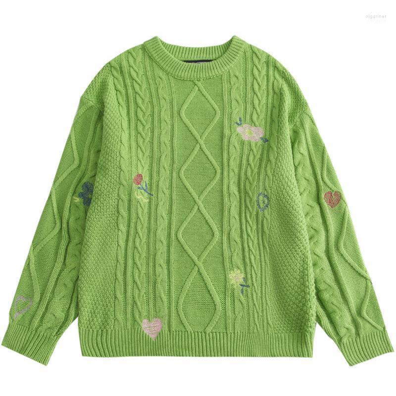 

Men's Sweaters LACIBLE Embroidery Flower Heart Knitted Sweater Men Women Harajuku Loose Casual Pullover Fashion Streetwear Knitwear Top Olga, Green