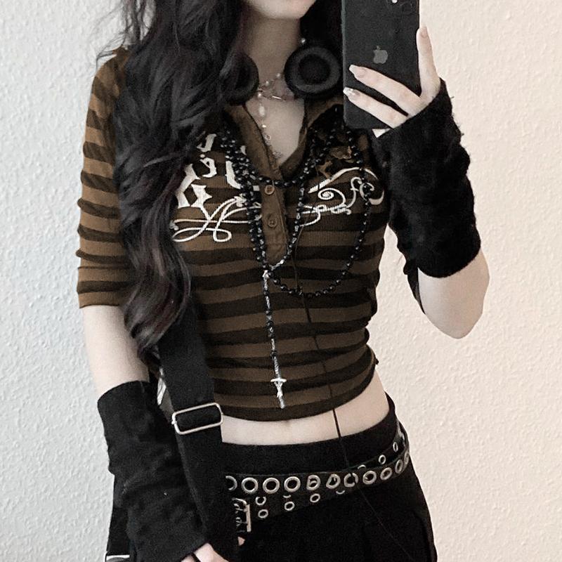 

Women' T-Shirt E-girl Gothic Striped Crop Top Y2K Aesthetic Fairycore Grunge Harajuku Vintage Dark Academia Emo Alt Clothes Tees Women, Gray
