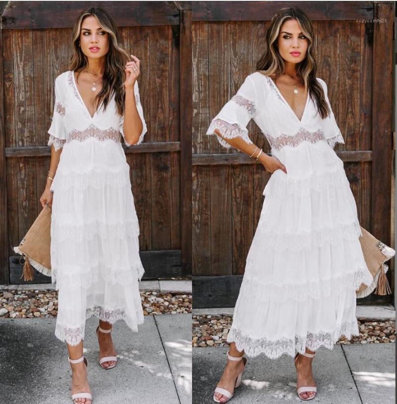 

Casual Dresses Vestidos Boho Hippie Chic White Women Sexy V Neck 1/2 Sleve Lace Patchwork High Waist Cake Maxi Dress Lady Beach 2022, Black