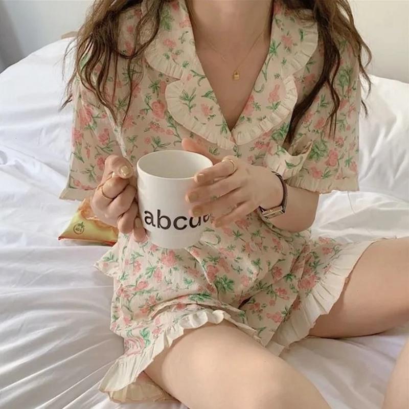 

Pajama Sets Turn-down Collar Sleepwear Short Sleeve Women Summer Floral Printed Thin Kawaii Trendy Womens 2pcs Kimono Pyjamas Elegant, Color1
