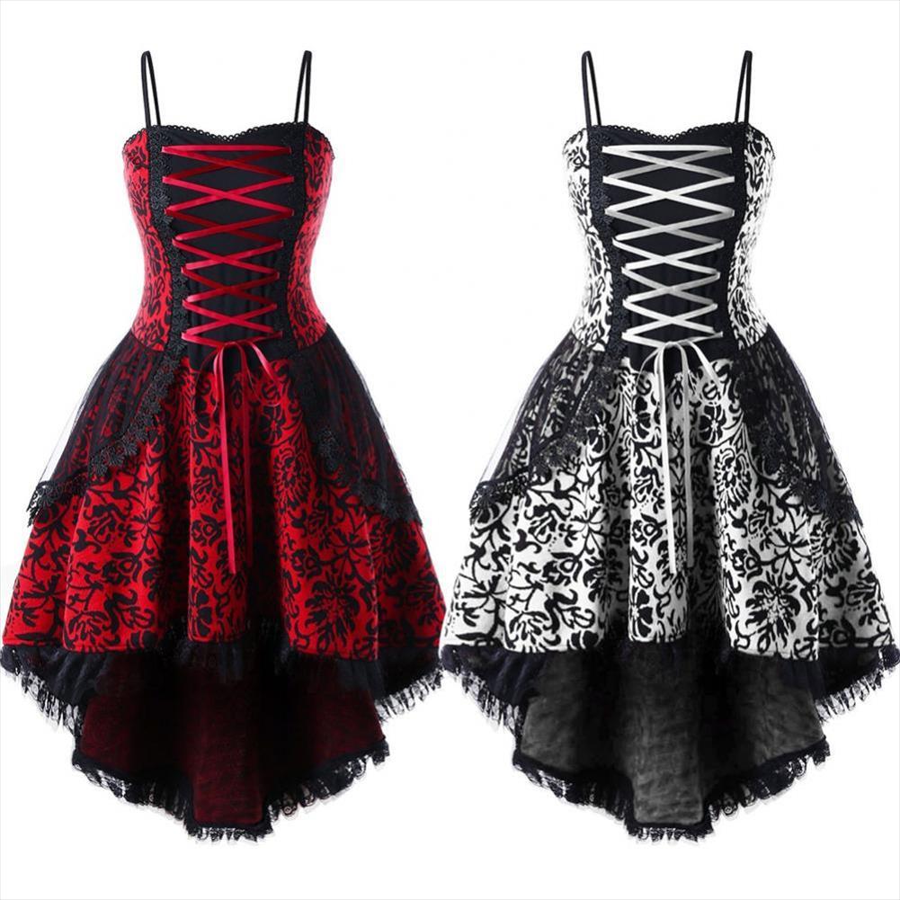 

50 Dropshipping Fashion Dresses Retro Women Gothic Style Lace Layered Hem Sleeveless Bandage Corset Dress, Red