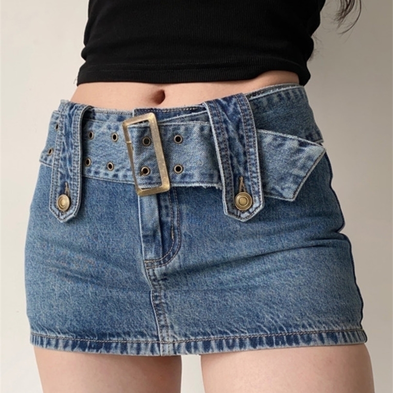 

WOMENGAGA Wide Belt Denim Miniskirt For Women Korean Sexy Short Skirts Pocket High Waist Boho Safari Style LU2N 220401, Denim blue