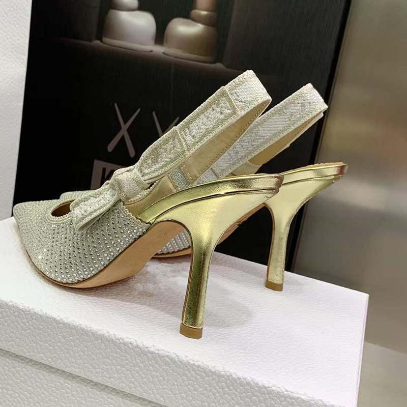 2022 Designer Sandals thin high heels summer women's High Heels Sandals pointed beautiful bow fashion womens shoes canvas womens shoes 34-44
