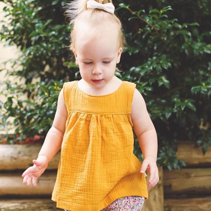 

2019 kids designer clothes girls T shirts Cotton linen children sleeveless tops Candy colors Vest Tees Summer fashion baby Clothing, Mix random colors