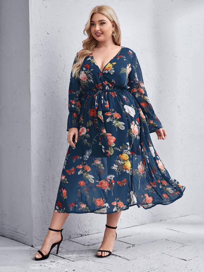 

Plus Size Dresses Women Large Sexy And Elegant Evening Party Maxi BoBo Dress 2022 Spring Deep V-Neck Oversized Floral ClothingPlus, Blue