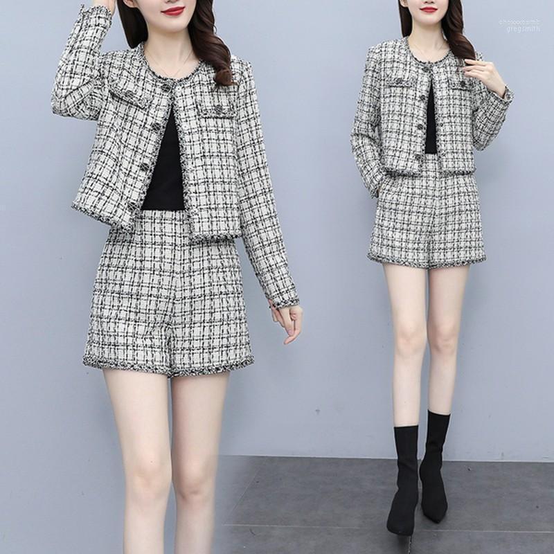 

Women' Tracksuits 2022 Autumn Small Fragrant Tweed Suit Female Houndstooth Plaid Two Piece Set Jacket Shorts, As picture