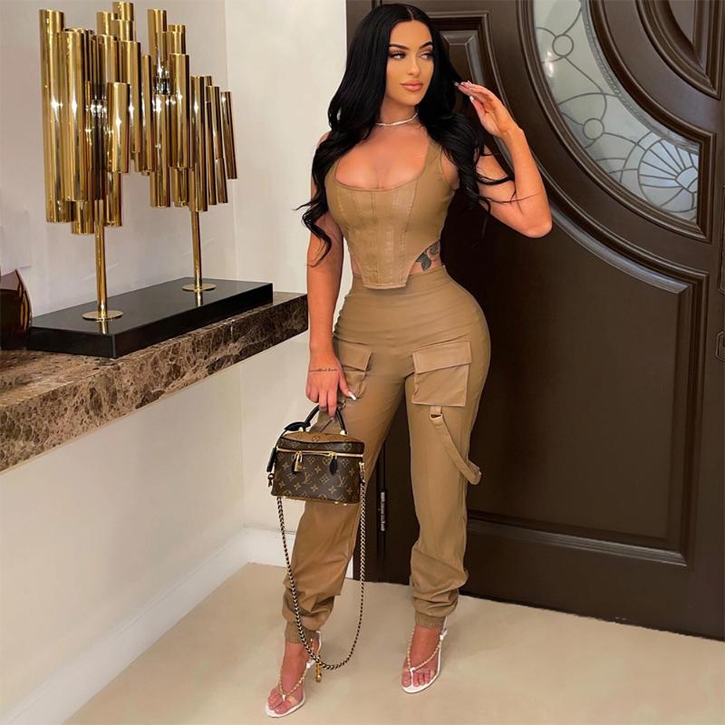 

Women' Two Piece Pants Women Sexy Wrap PU Leather Two-piece Suit Fashion High Elastic Vest Top Pencil Set Front Zipper Sleeveless Matching, Black