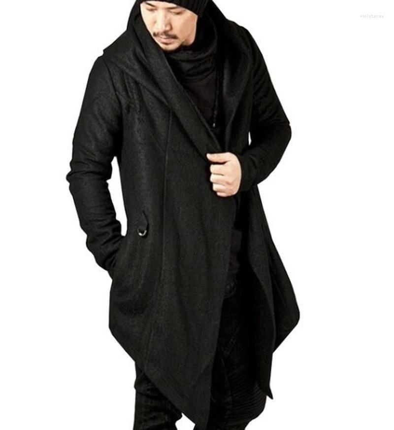 

Men' Trench Coats Kalenmos Solid Color Hooded Irregular Hem Side Pocket Mid-length Jackets Cardigan 3XL Retro Goth Mens Clothing Viol22, Black