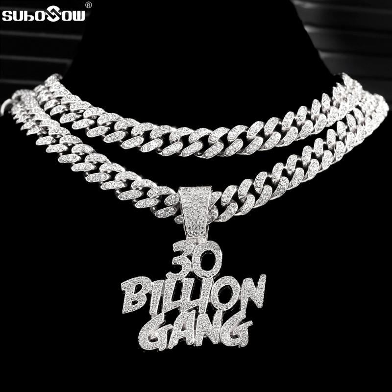 

Pendant Necklaces Hip Hop Iced Out Rhinestone 30 BILLION GANG Necklace For Women Men 13mm Miami Cuban Chain Choker Music Party JewelryPendan