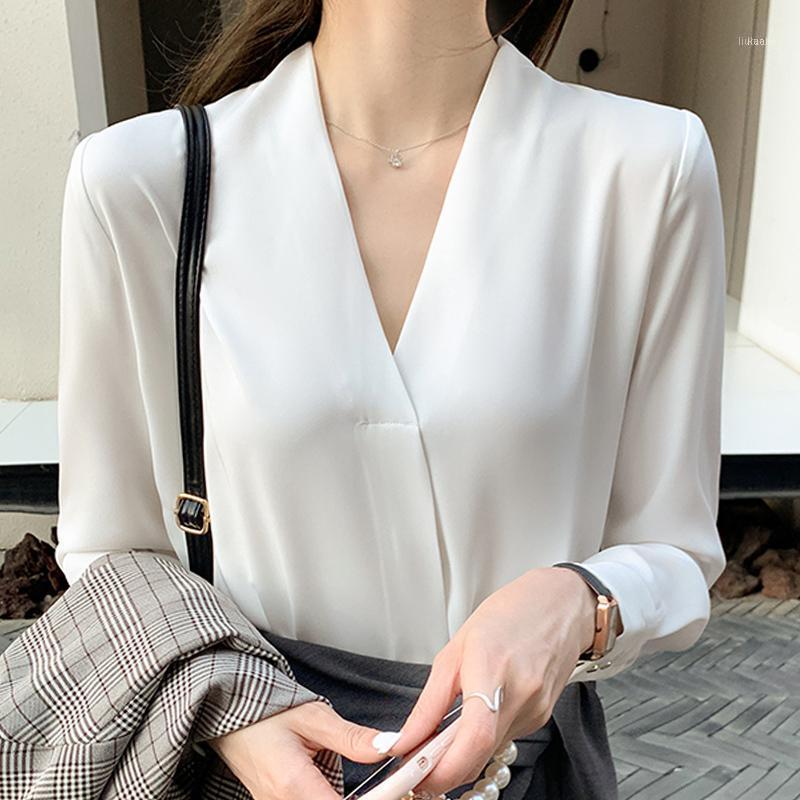 

Women' Blouses & Shirts Long Sleeve V-Neck Office White Blouse Women Tops Chiffon Shirt Blusas Mujer De Moda 2022 E455