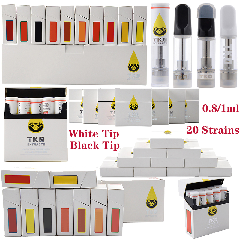 

20 Strains 0.8ml 1ml Atomizer TKO Extract Empty Cartridges Packaging Glass Thick Oil Tank Cartridge Ceramic Vape Carts Pen E Cigarette 510 Thread Dab Wax Vaporizer