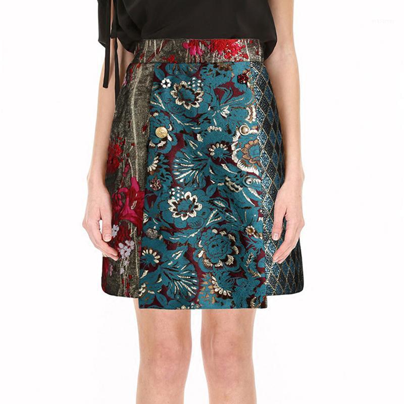 

Skirts 2022 Arrivals European Women' Empire Waist Buttons Jacquard Pattern Printing Vintage A-line Mini Skirt, Multi