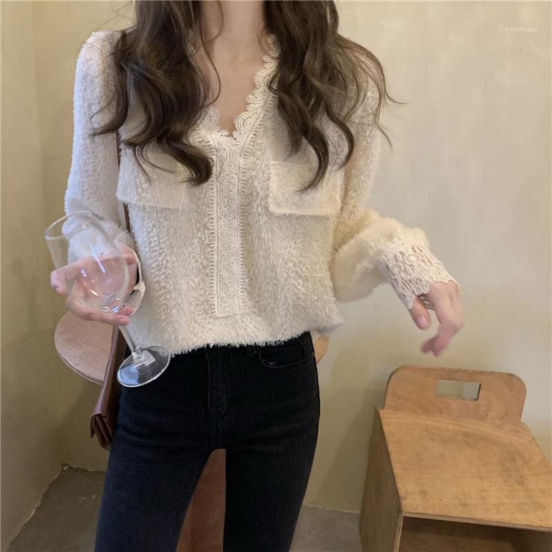 

Women's Blouses & Shirts Long Sleeve Shirt V-neck Lace Stitching Blouse Sleeves Solid Color Tops, Black
