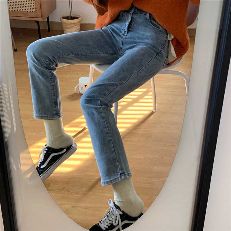 

Korea Ulzzang Women Jeans mom High Waist Elastic plus size Stretch washed denim straight pencil pants 210608