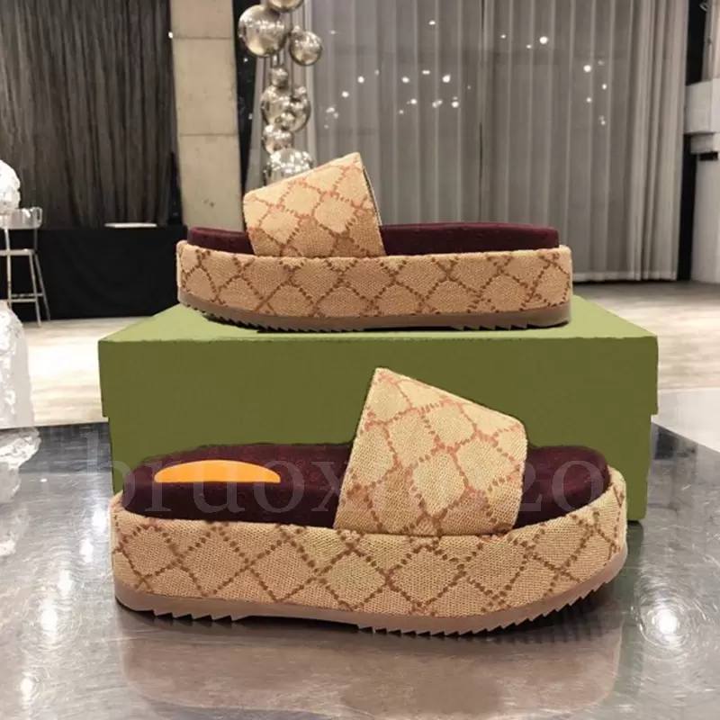 

2022 womens fashion embroidered canvas designer slides slip on slippers girls 60mm Canvas covered platform sandals and dust bags big size 35-45, 16