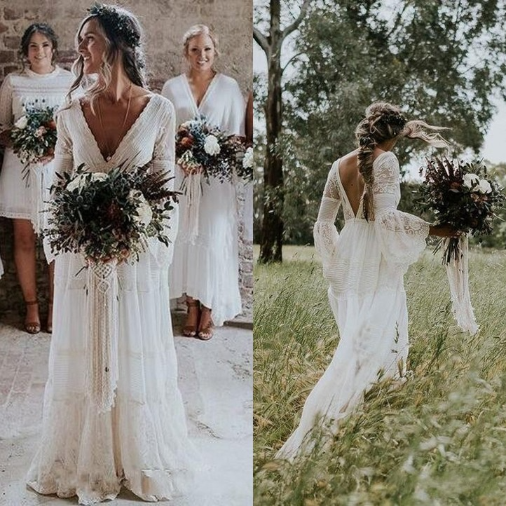 2022 Bohemian Wedding Dresses V Neck Long Sleeve Lace Sweep Train Beach Boho Garden Country Bridal Gowns robe de marie Plus Size B0606x08