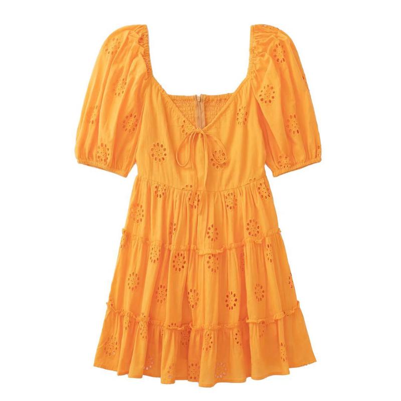 

Party Dresses Female Clothing Cutout Embroidered Casual Women Dress Short Sleeve Mini Skirts Square Collar Summer Dresse 2022Party, Orange