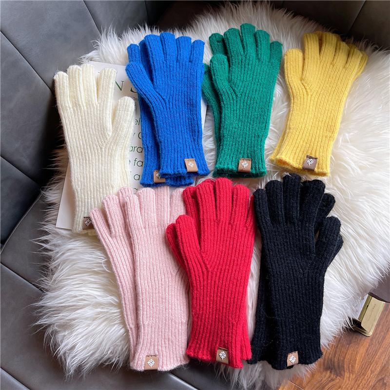 

Five Fingers Gloves 2022 Winter Women Cashmere Knitted Autumn Hand Warmer Thicken Lining Full Fingered Mittens Skiing Long Wrist