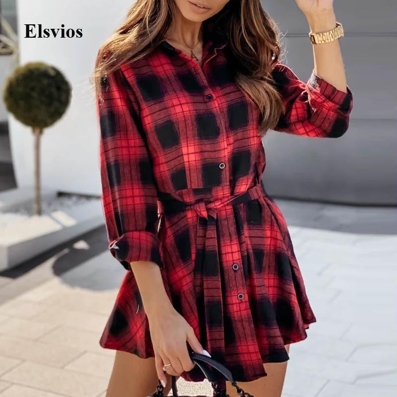 

Casual Dresses Turn-Down Collar Women Shirt Dress Elegant Plaid Print Button Mini Autumn Spring Long Sleeve Bandage Party, Black;gray