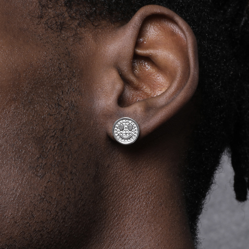 

925 Sterling Silver Full Diamond Smiley Face Earrings Stud For Men And Women Ins Hip-Hop Fashion Street All-Match Jewelry Accessories