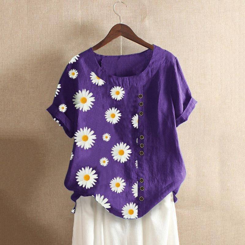 

Women's Blouses & Shirts Summer Daisy Print Buttons Blouse Elegant O-neck Women Short Sleeve Flower Printed Top Pullover Blusa Feminina, Blue