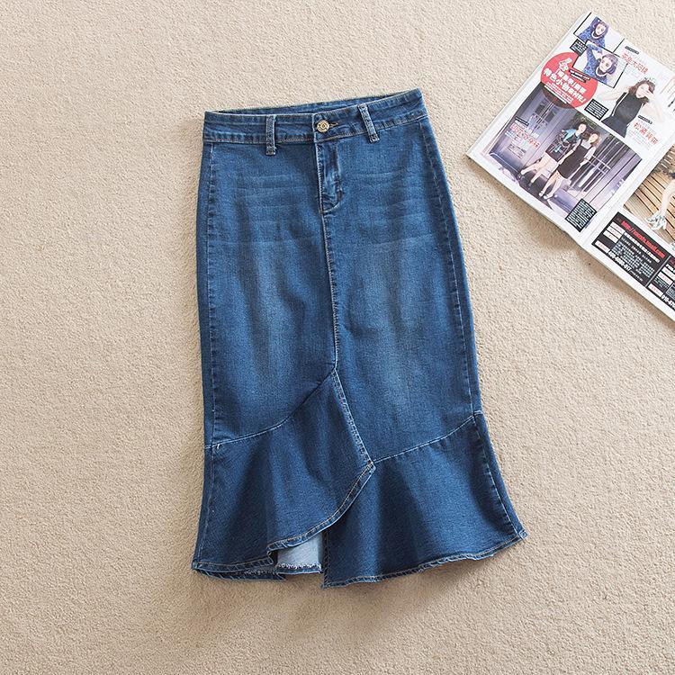 

Skirts 2022 Spring Summer Big Size Ruffled Hem Women Denim Skirt Package Hip Short Jeans High Waist Female 2909LY, Blue