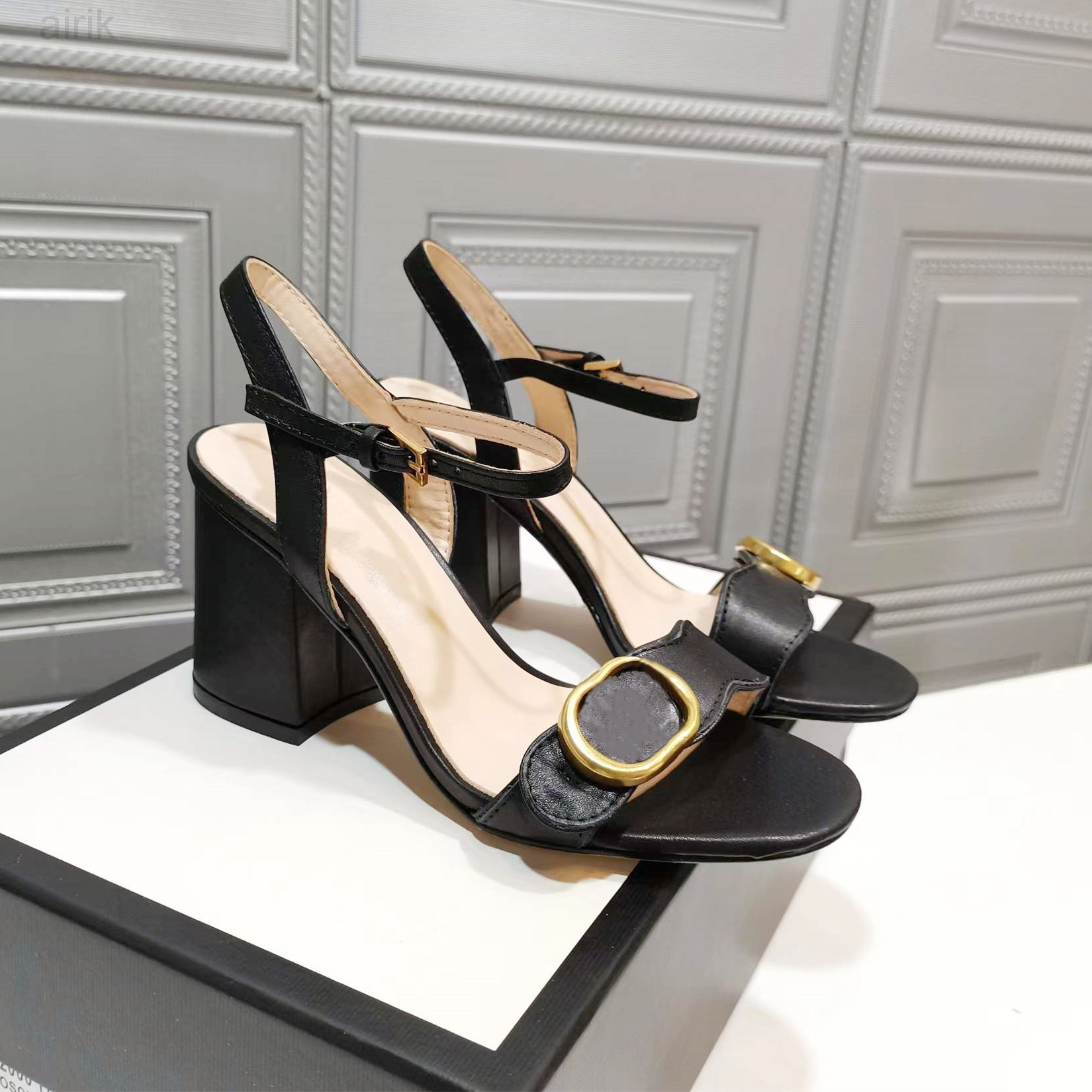 

Classic Women High Heels Sandals Pure Color Leather Metal Alphabet Buckle Fashion Dress Shoes Summer Party Wedding Elegant Lady, Color6