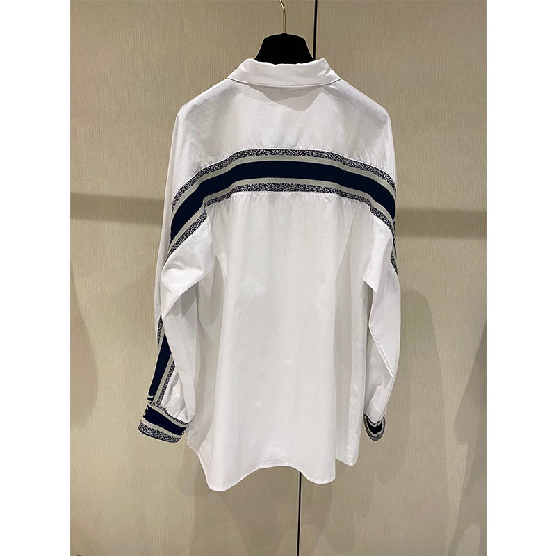 

2022 Designer Elegant Embroidery Loose Blouses For Women New Lady Lapel Long Sleeve Casual Cotton Shirt Tops, White