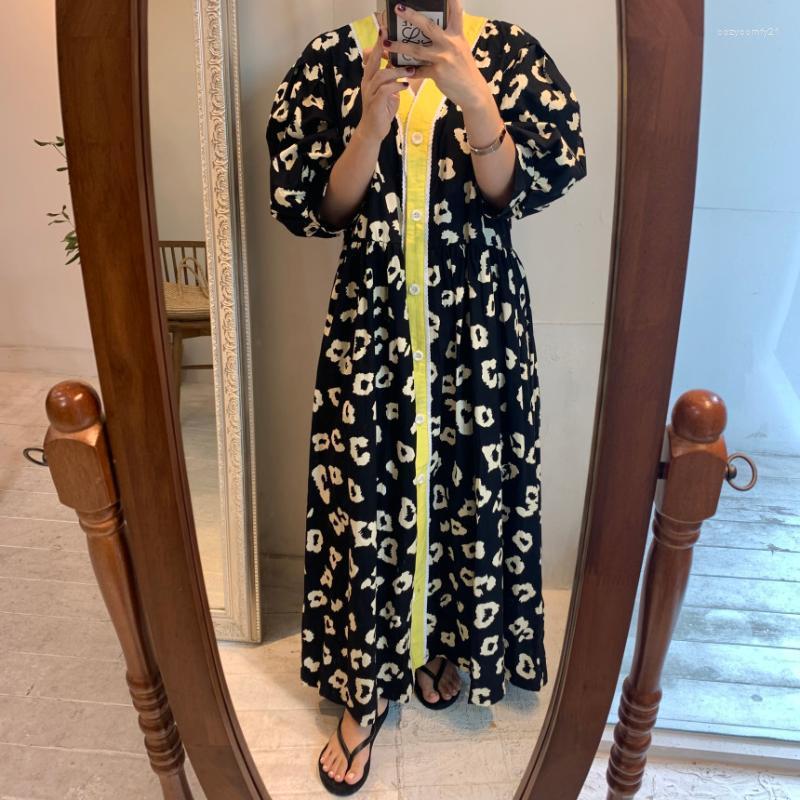 

Casual Dresses Korean Chic Retro Leopard Print V-neck Hit Color Stitching Lace Single Breasted Puff Sleeve Dress Women Loose Vestidos, Black