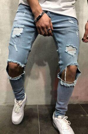 

Men Holes Light Blue Jeans Ripped Biker Pants Fashion Long Trousers Clothing Les Hommes En