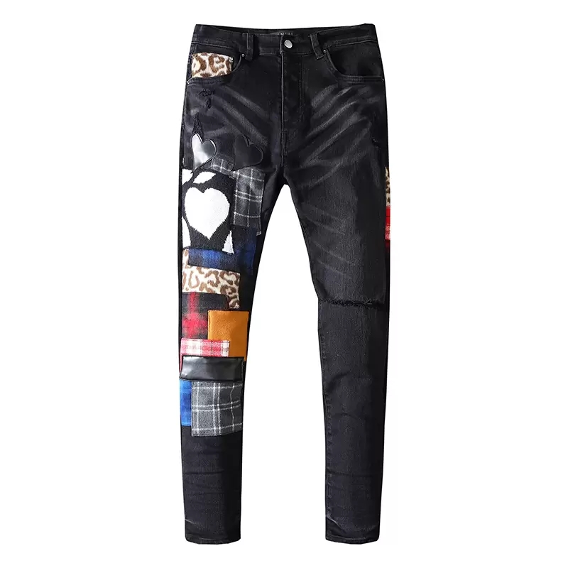 Jeans pour hommes Jeans Jeans 2022 Badge Rips Stretch Black European and American Patch Water Ripple Patchwork Blue Slim Fit Motocycle Denim Wash