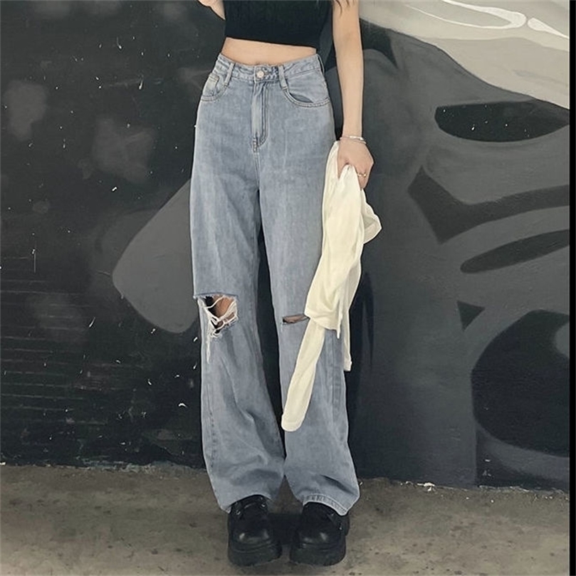 

Pants Female Women Jeans Large Size Boyfriend Jean Ripped harajuku High Waist Stright Trousers cotton 220402, Light blue