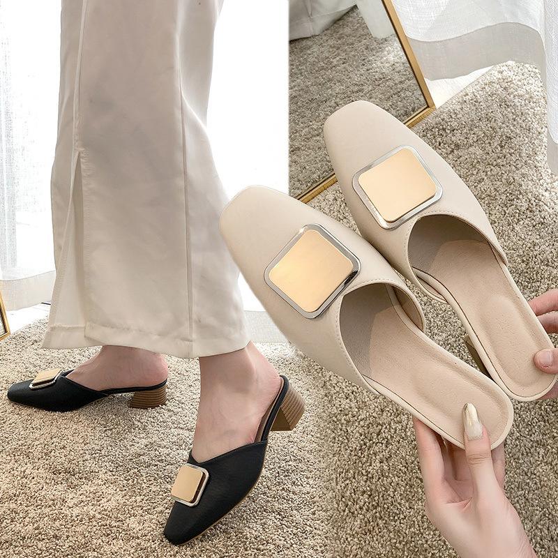 

Slippers Sexy Ladies Shoes Metal Buckle Women Woman Mules Cover Square Toe Mid Heels Solid Leather Casual SlidesSlippers, Beige