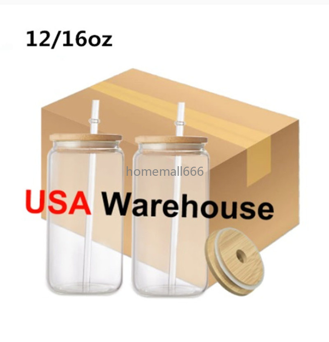 

12oz 16oz Sublimation Glass Beer Mugs Glass Water Bottle Beer Can Glass Tumbler Drinking Glasses With Bamboo Lid And Reusable Straw Iced Coffee Glasses AA, Clear with straw and lid