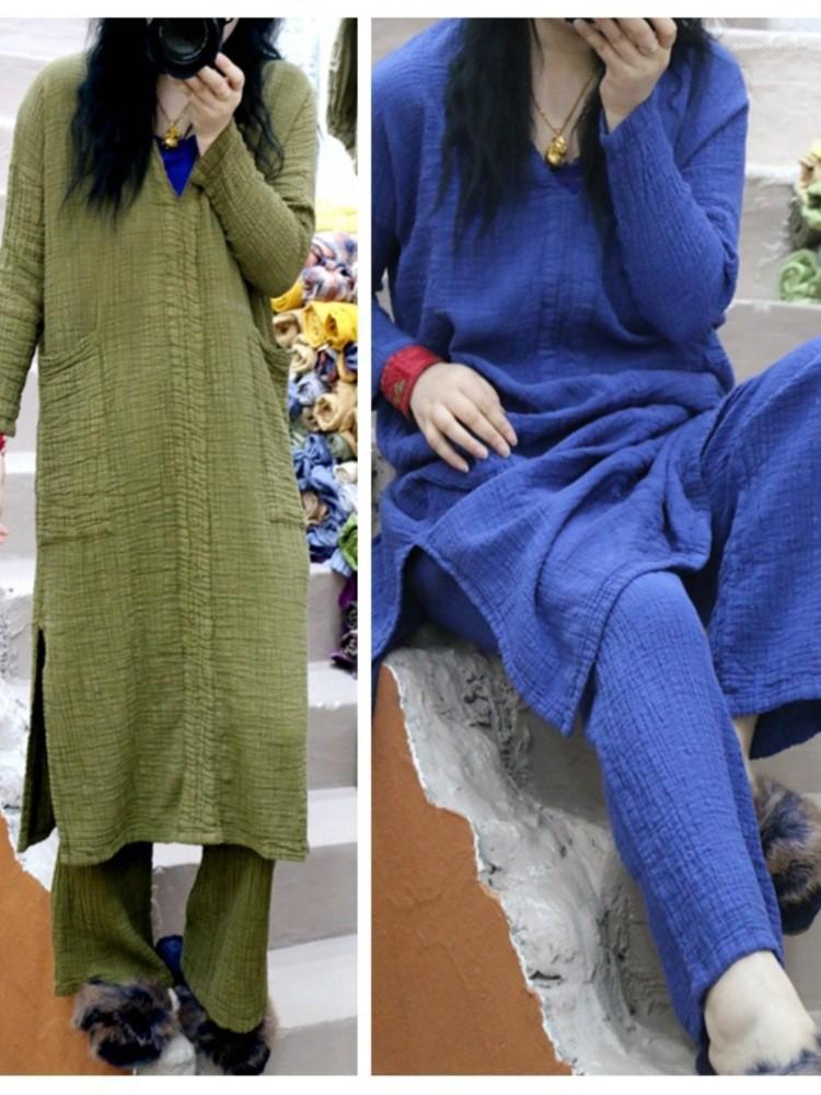 

Women's Two Piece Pants 2022 Women Sets Cotton Linen Spring Summer Long Sleeve Blouse Thin Solid Color Loose Vintage Casual Female YoYikamom, Blue