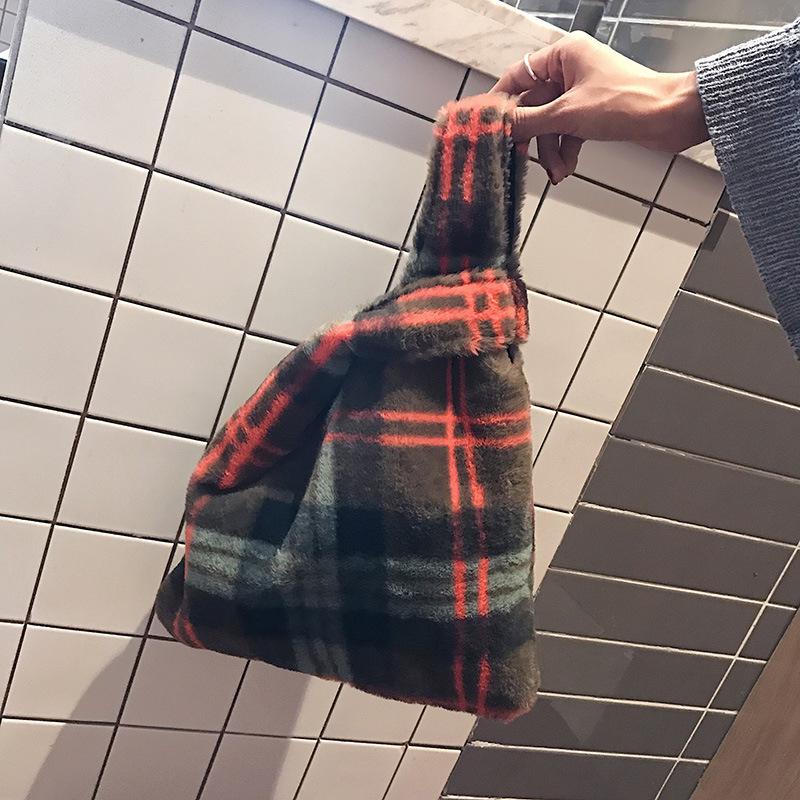 

Evening Bags Handmade Wool Winter Tote Soft Preppy Style Vintage Retro Chic Fabric Plaid Handbag, Blue