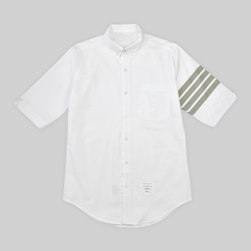 

Fashion Brand Summer Mens Causal Shirts England Design Golden 4-Bar Grey Striped Shirt Cotton Oxford Quality Wholesale Office Men Clothing, White