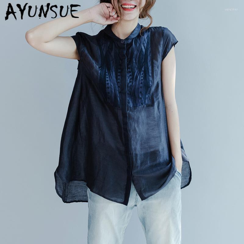 

Women's Blouses & Shirts Real Silk Women's Blouse Summer Fashion Woman 2022 Korean Loose Chiffon Embroidery Shirt Ladies Tops Blusas C10, Dark blue