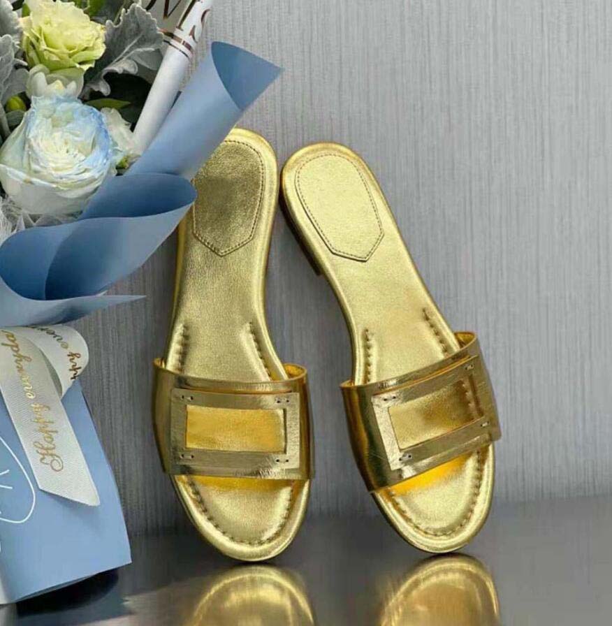 

Luxury Brands women slipper flats Baguette Wide Band Slides GOLD NAPPA LEATHER SLIDE metallic leather walking shoes outdoor super quality 35-42