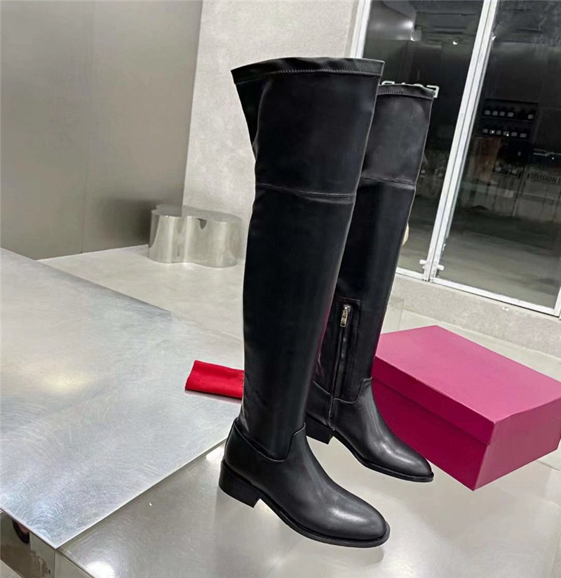 

2023New Cuff Rib Socks Low Heel High Boots Rockoko Stretch Knit Black Leather Biker Over the Knee Boots Women's Luxury Designer Shoes Factory Shoes, Nude