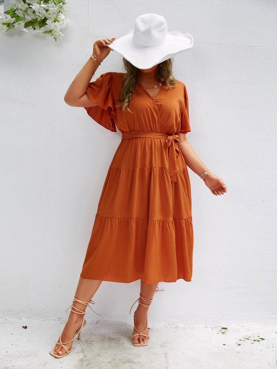 

simplee Plus Butterfly Sleeve Ruffle Hem Belted Dress i2fZ#, Burnt orange