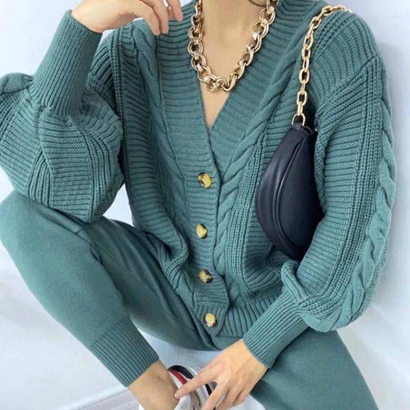 

Women's Two Piece Pants Fall 2022 Women Knitting 2-pieces Sweater Suit Elegant Twisted V-neck Single-Breasted Cardigan Lady Winter Sets, Green