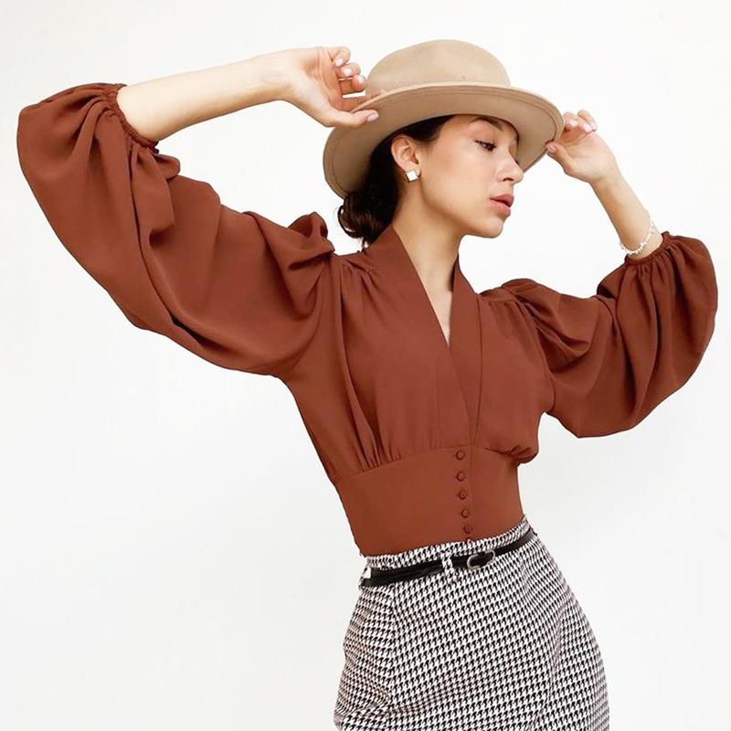 

Women' Blouses & Shirts Fashion Lantern Sleeve Slim Blouse Women Solid Color Simple Tops V-neck Women' Shirt Clothes Y2K Femme 20983Wo, White