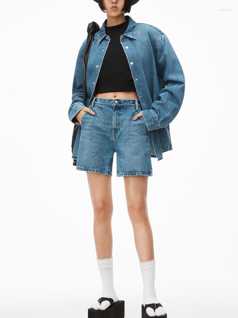 

Women's Jackets Women Turn-Down Collar Denim Coat Cardigan Long Sleeve Single Breasted Female Retro Blue Straight Jacket Casual With Pockets, Shorts