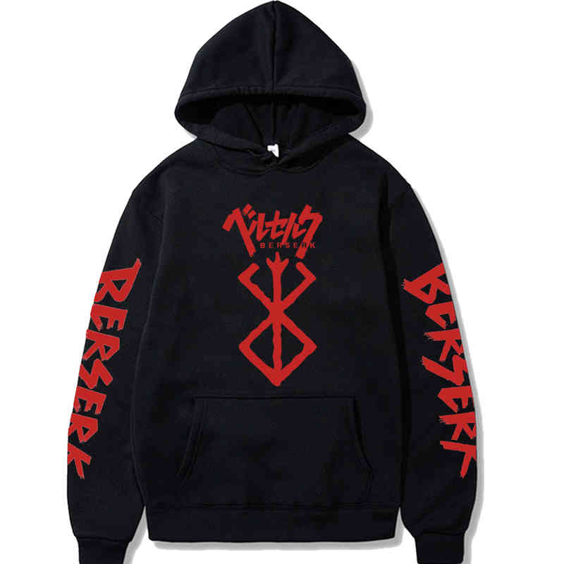 

Berserk Print Hoodies Men Sweatshirts Hooded 2021 Warm Pockets Streetwear, Black