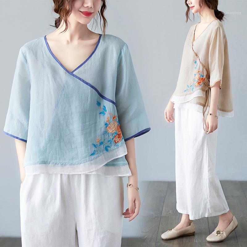 

Women's Blouses & Shirts Chinese Style T-shirt 2022 Summer Artistic Retro Cotton And Linen Buckle V-neck Embroidery Loose Top, Blue