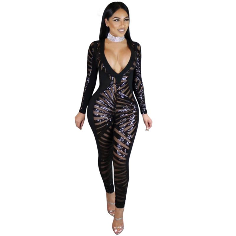 

Women' Jumpsuits & Rompers Womens Jumpsuit Romper Sexy Geometric Tattoo Sequin Women Long Sleeve Sequined Bodysuit CatsuitWomen, Sequin jumpsuit