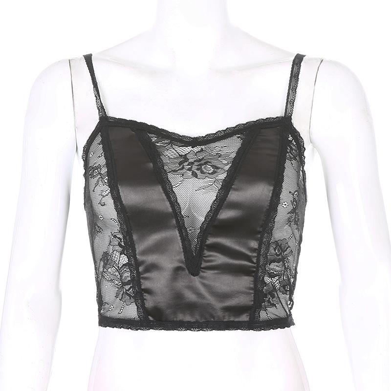 

Women' Tanks & Camis Gothic Sexy Mesh Black Punk Patchwork Strap V-neck Transparant Women Crop Tops Hollow Out Front Summer ClubwearWomen