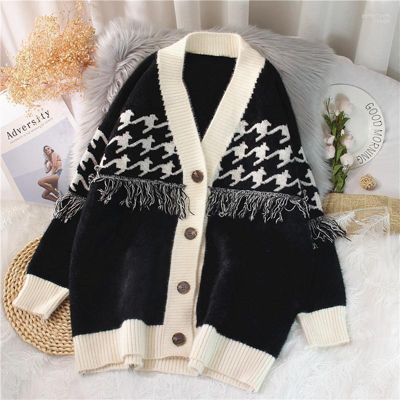 

Women's Knits & Tees Women Autumn Sweater Jacket 2022 V-neck Knitted Cardigans Loose Patchwork Houndstooth Fringe Jumpers Female Coat Perf22, Black