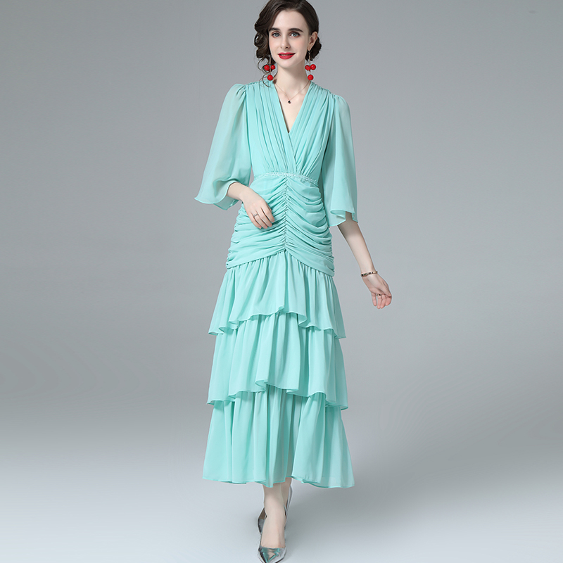 

Women' Runway Dress Sexy V Neck Half Flare Sleeves Draped Ruched Drop Wasit Fashion Casual Prom Vestidos, Blue